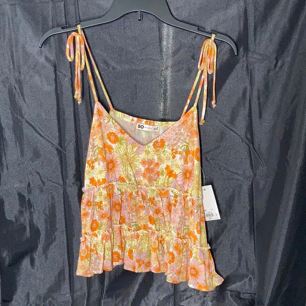 SO top floral print lightweight tank spaghetti strap tie detail boho S jr